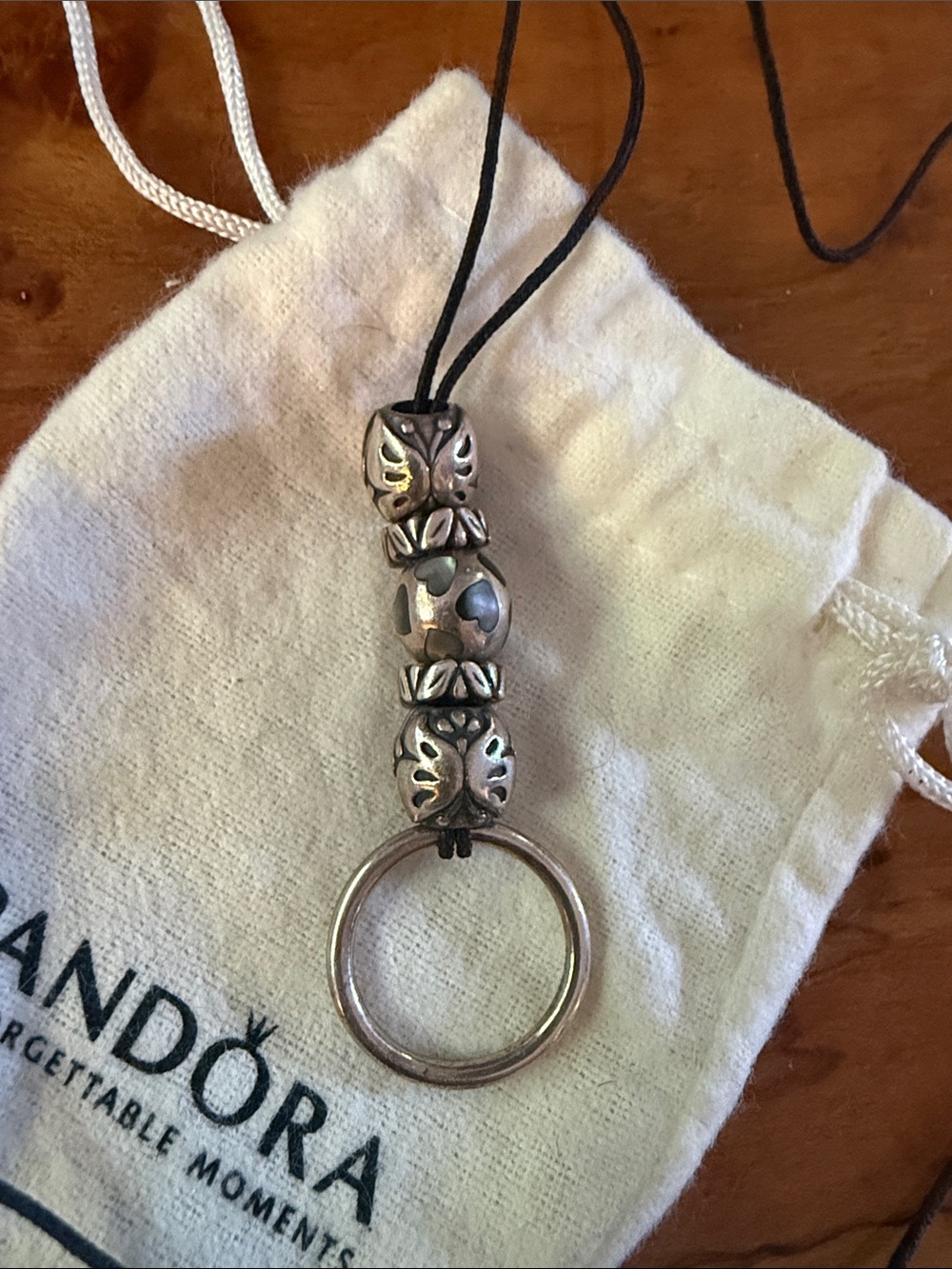 Pandora Silver Butterfly Charm Necklace with Ring on Black Cord